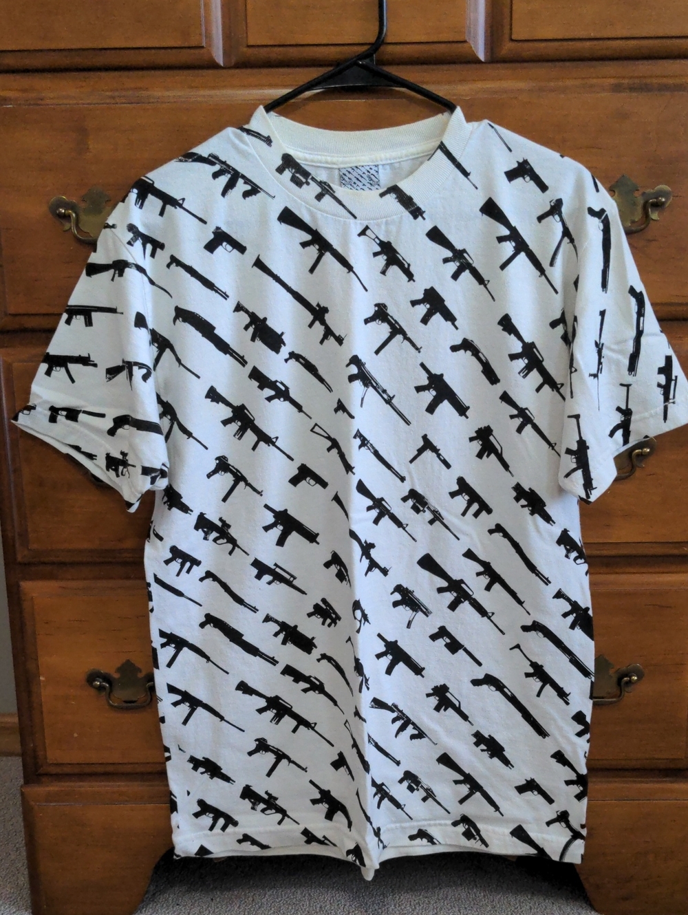 Men's White Short Sleeve Tee with Black Gun Silhouette Print